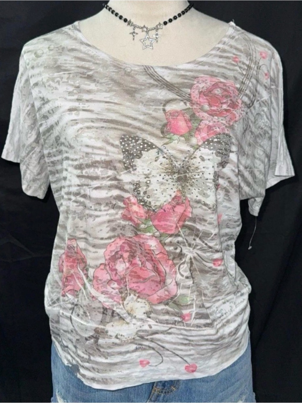 Women's Pink Rose & Butterfly Short Sleeve Tee Y2K